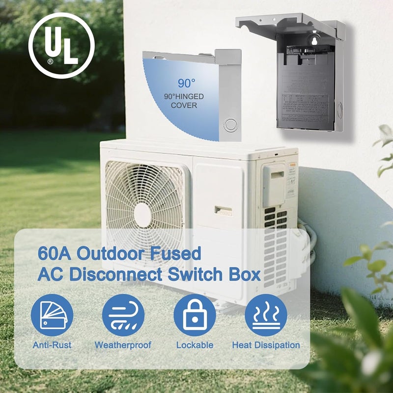 Suplevel 60 Amp Fused AC Disconnect Box, Pull-Out Switch NEMA 3R Outdoor Metal Box for Mini Split, Air Conditioning and Home & Light Commercial HVAC Systems, 240V, UL Listed, Fuse NOT Included - Image 2